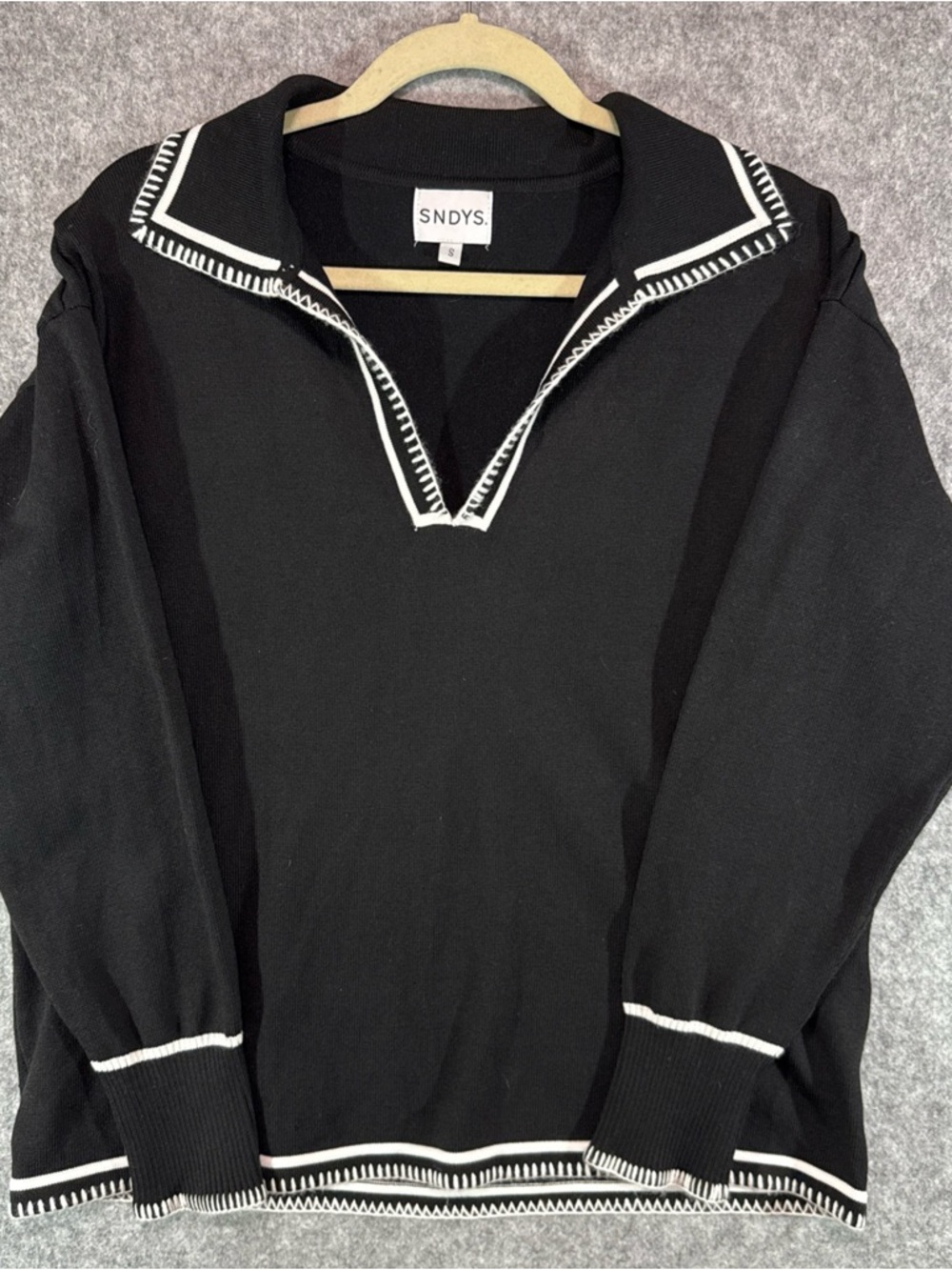 SNDYS Arlington Sweater – Womens S - V-Neck Collared Top Black Knit City Chic